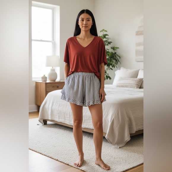 BloomChic Other - BloomChic Rust Colored Top & Striped Ruffle Trim Shorts PJ Set